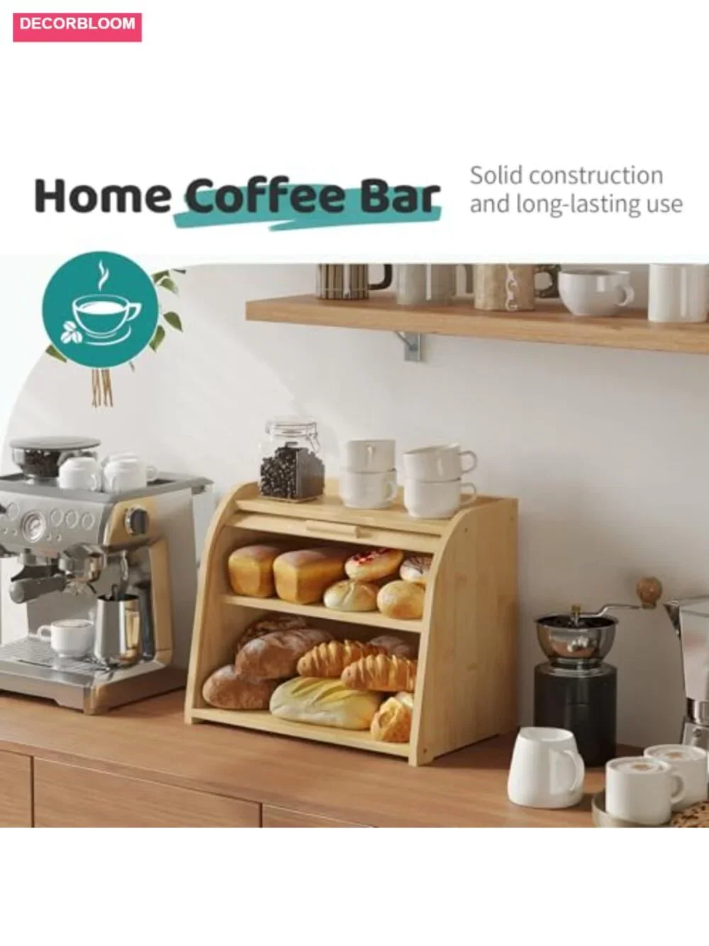 2-Tier Bamboo Roll Top Bread Box Kitchen Countertop Storage